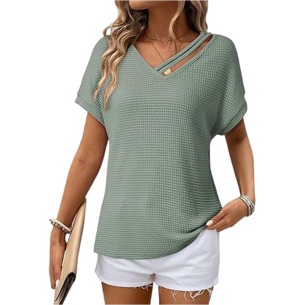 Women's Asymmetrical Short Sleeved Collar Shirt Top