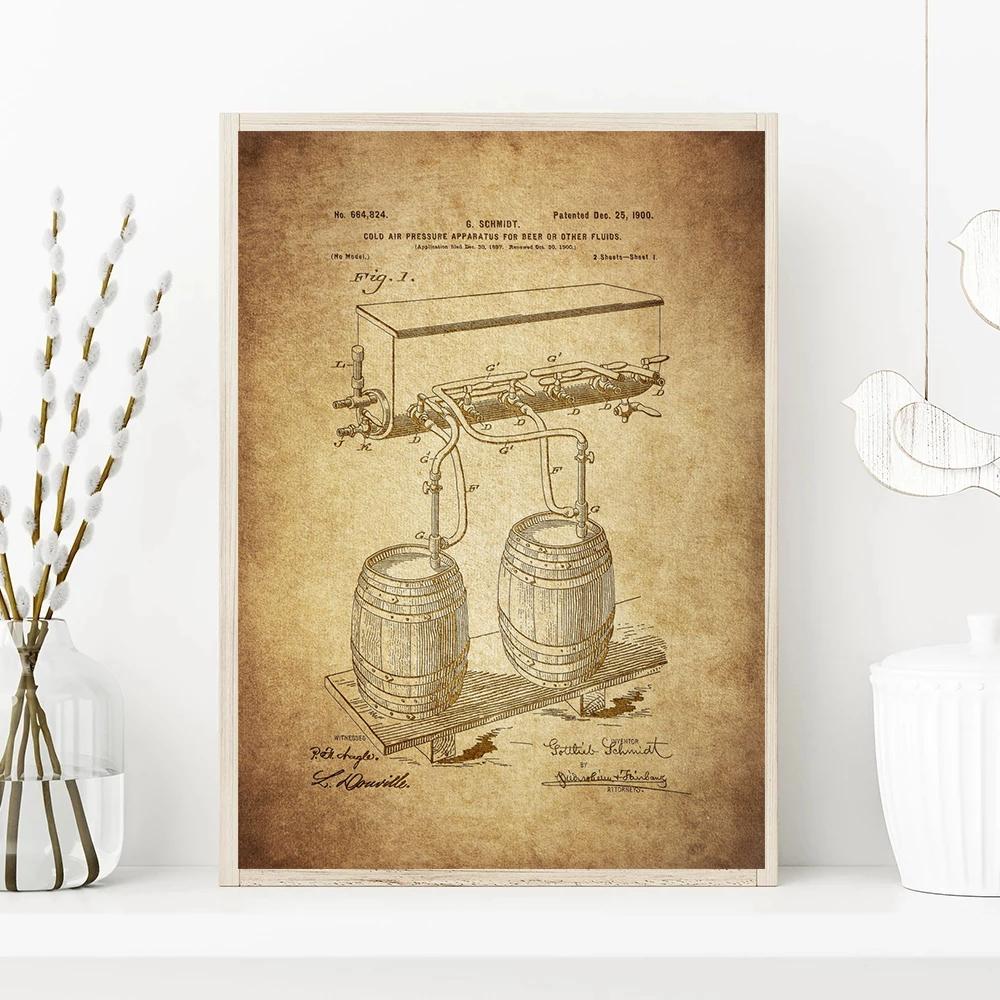Vintage Brewing Beer Barrel Bottle Cooler Alcohol Patent Posters Canvas Painting Retro Wall Art for Pub Brewery Room Home Decor