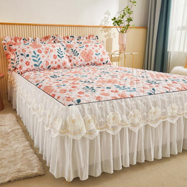 Korea Lace Bedspread King Size 200x220 Cotton Print Dust Ruffles Bed Cover Double Quilted Fitted Sheet with 2 Pillow Shams