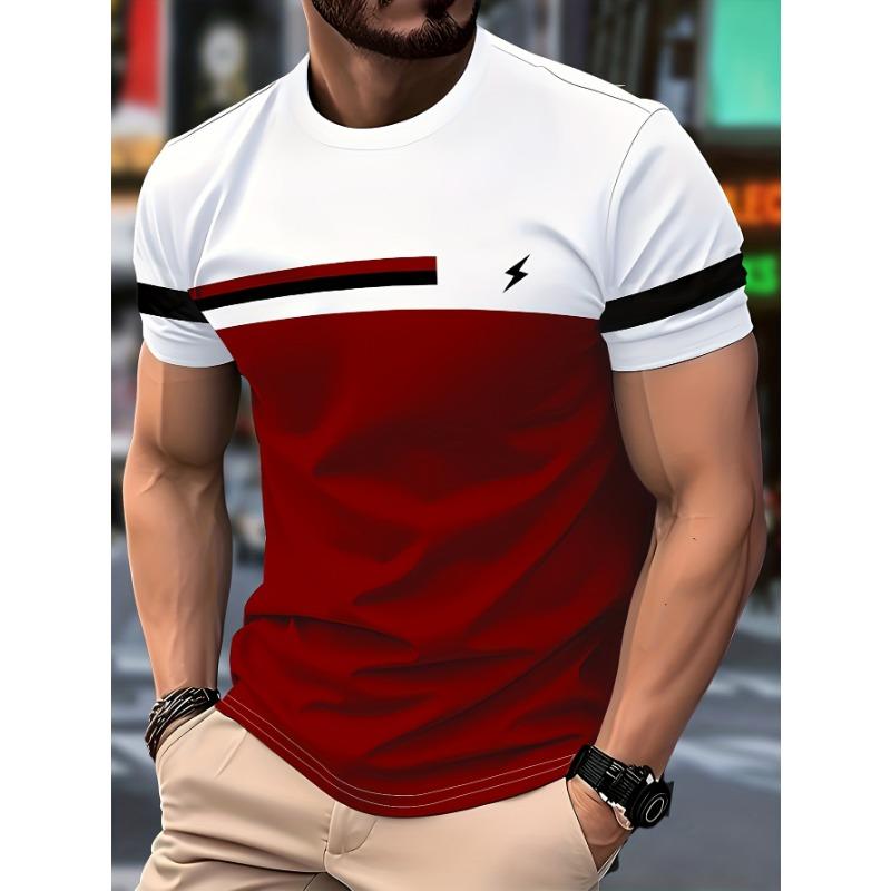 Men s Novel Striped Casual Round Neck T-shirt with Lightning Pattern S