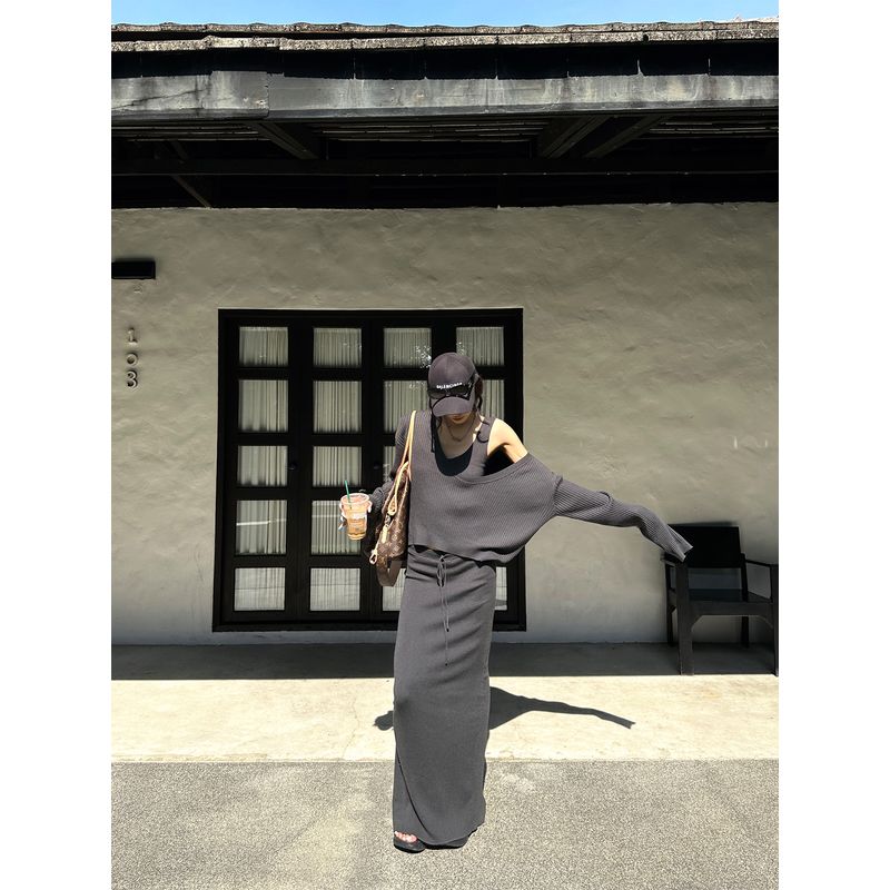 

0122stepll Элегантная формула Серый жилет Женский Весенний Свободный Ленивый топ Юбка с заниженной талией Вязаный костюм Skirt S