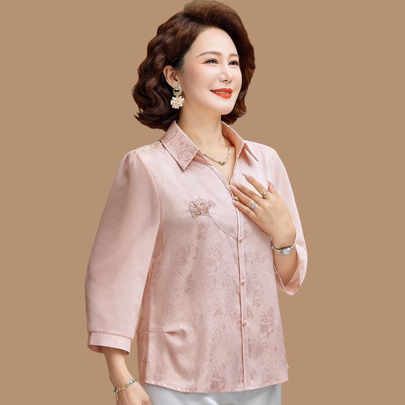 

Chinese Style Chiffon Shirt: Spring Top for Middle-Aged and Elderly Women, Summer Seven-Sleeve Design 4XL (Approximately 135-150 jin) розовый