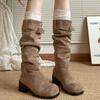 Fashion Platform Thick Heel Women Western Cowboy Boots Fashion Slip On Folded Pile Long Booties Female Shoes Autumn Winter