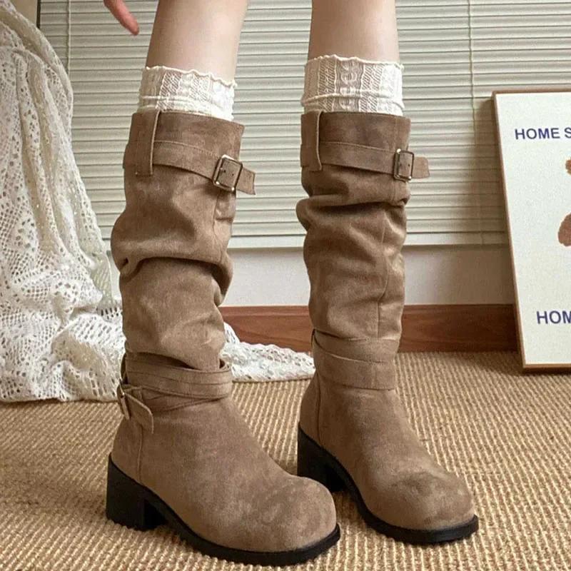 Fashion Platform Thick Heel Women Western Cowboy Boots Fashion Slip On Folded Pile Long Booties Female Shoes Autumn Winter