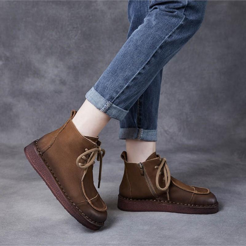 Johnature Genuine Leather Soft Soled Retro Women's Shoes Versatile Round Toe Lace Up Flat Ankle Boots