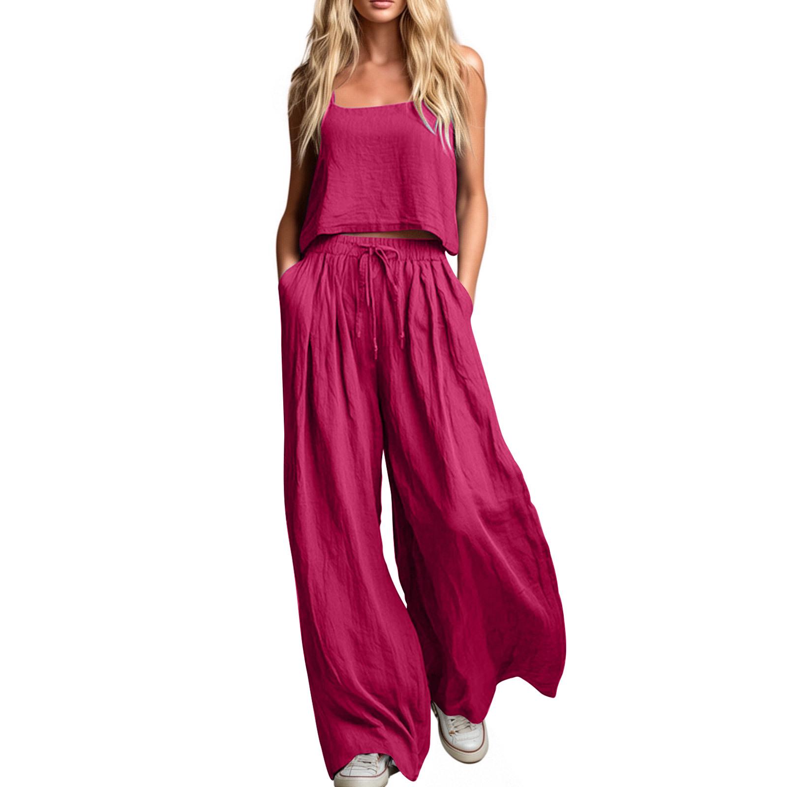 

Summer Hot Style Women s Solid Color Wide-Leg Pants and Camisole Set Small красный