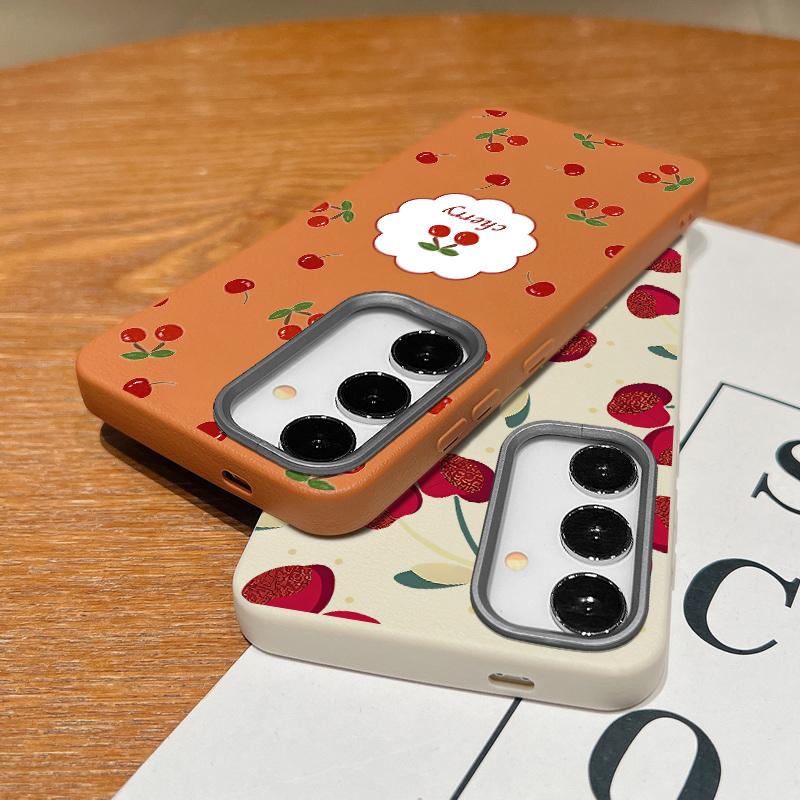 Cherry Pattern Soft Tpu Case for Samsung S25 S24 Fe S23 Ultra S22 S21 A16 A15 A55 A56 A35 A36 A25 Shockproof Slim Leather Texture Case Cover