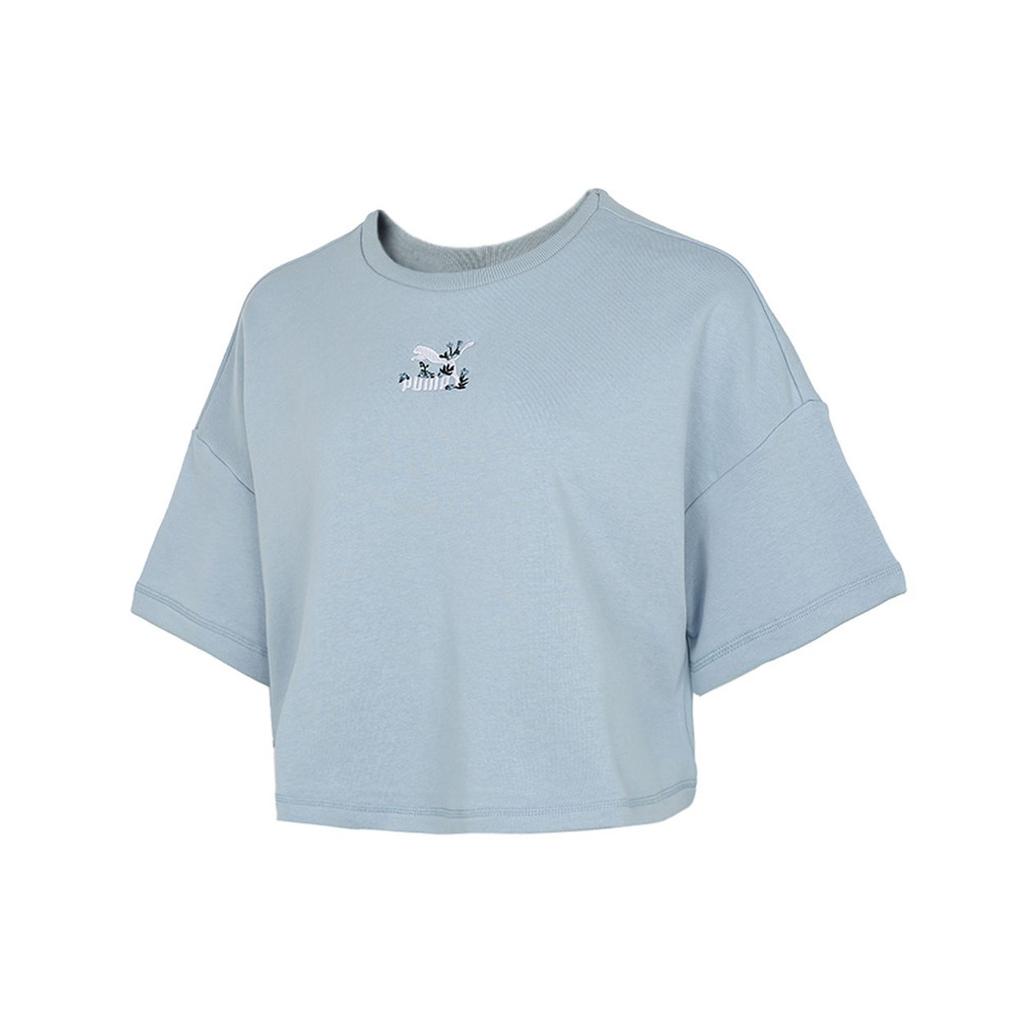 Puma Embroidered Logo Print Solid Color Loose Fit Sports Short Casual Fashion Simple Round Neck Short Sleeve T-Shirt Women Tops Blue 533212-61