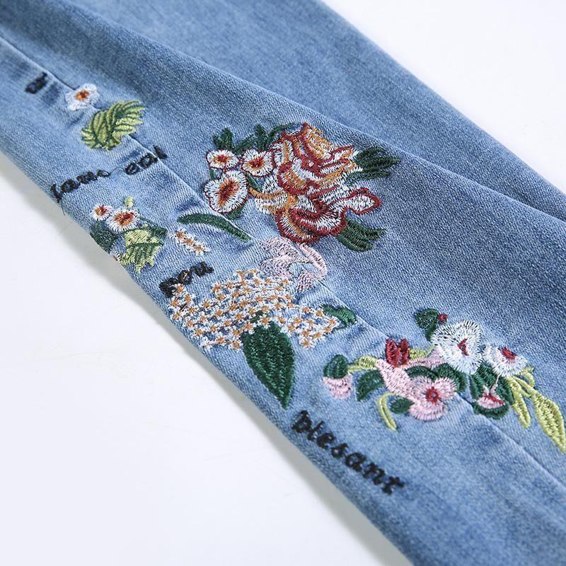 Jeans Gamba Dritta Donna Estate Sezione Sottile Larghi Vita Alta Ricamati Stile Etnico Pantaloni Gamba Dritta con Fiori Pantaloni