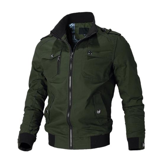 Autumn Winter Men Stand Collar Long Sleeve Jacket Multi Pockets Elastic Hem Zipper Placket Windbreaker Jacket Coat