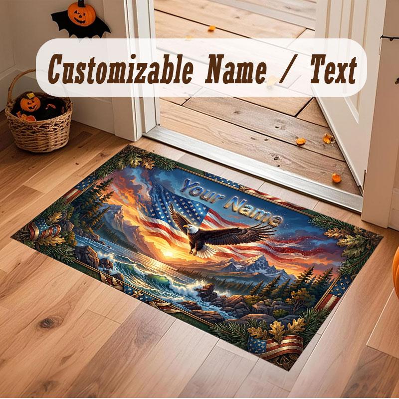 American Patriotic Theme Crystal Velvet Floor Rug Personalized Custom Name Text Warm Carpet Home Decoration