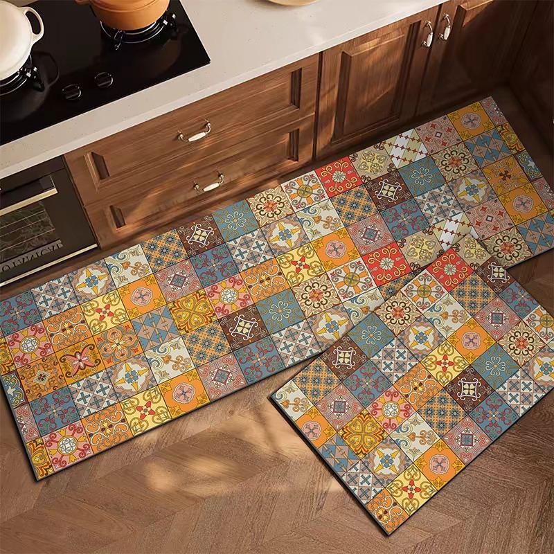 PVC Kitchen Carpet Waterproof Leather Floor Mat Oil-proof Non-slip Long Foot Mats Color Stripes Ethnic Style Home Decoration Rug