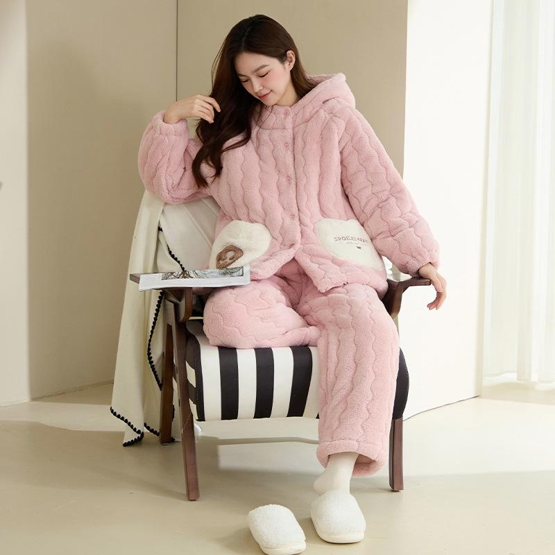 Winter three-layer padded coral fleece pajamas women's winter thickened hooded warm flannel cartoon loungewear women's