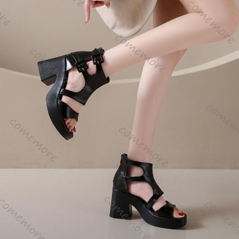 Módní Comemore Sandály na vysokém podpatku Nové Letní Dámské Silný Podpatek S Přezkou na Pásku Neformální Sandály Rybí Tlama Vystřihované Jednobarevné Dámské Boty