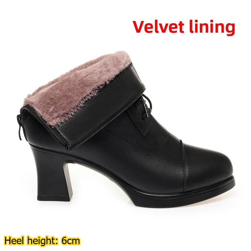 

Women s Autumn and Winter Leather Short Boots with Fleece Lining, Spring and Autumn Single Boots, High-heeled Short Boots, Middle-aged Women s Shoes 35