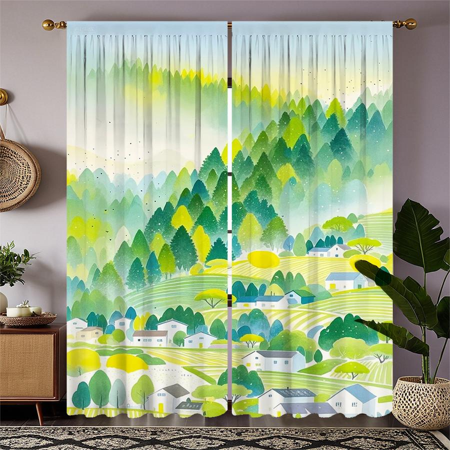 Rural Landscape Pattern Printed Curtains Pole Bag Christmas Decorations Daily Home Room Made Of Polyester