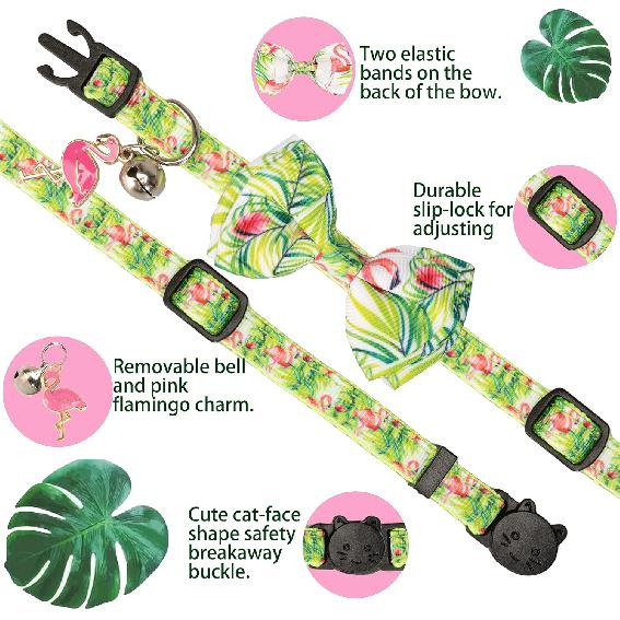 Cat Collar with Bow Tie Pink Flamingo Bell Pendant Charm Safety Detachable Cute Kitten Forest Tropic Leaf Plant Pattern Flamingo A