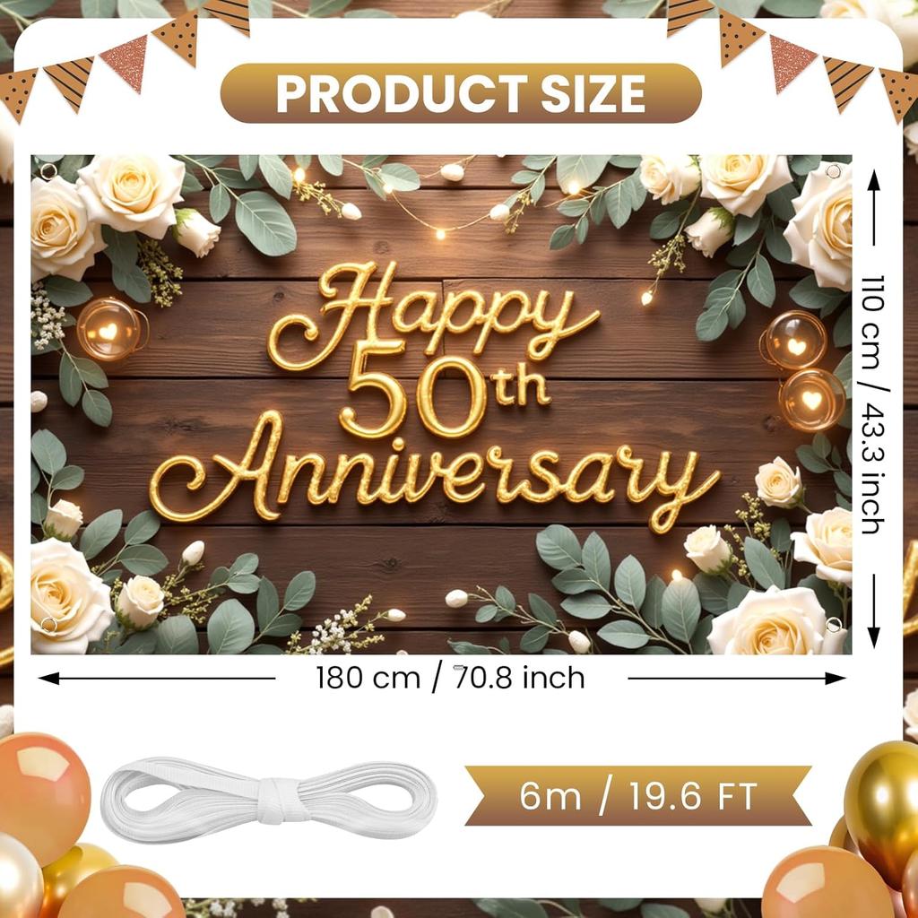Happy 50th Anniversary Decorations Banner, 50th Wedding Anniversary Party Decoration Floral Backdrop, Celebration Golden Wedding Birthday Party