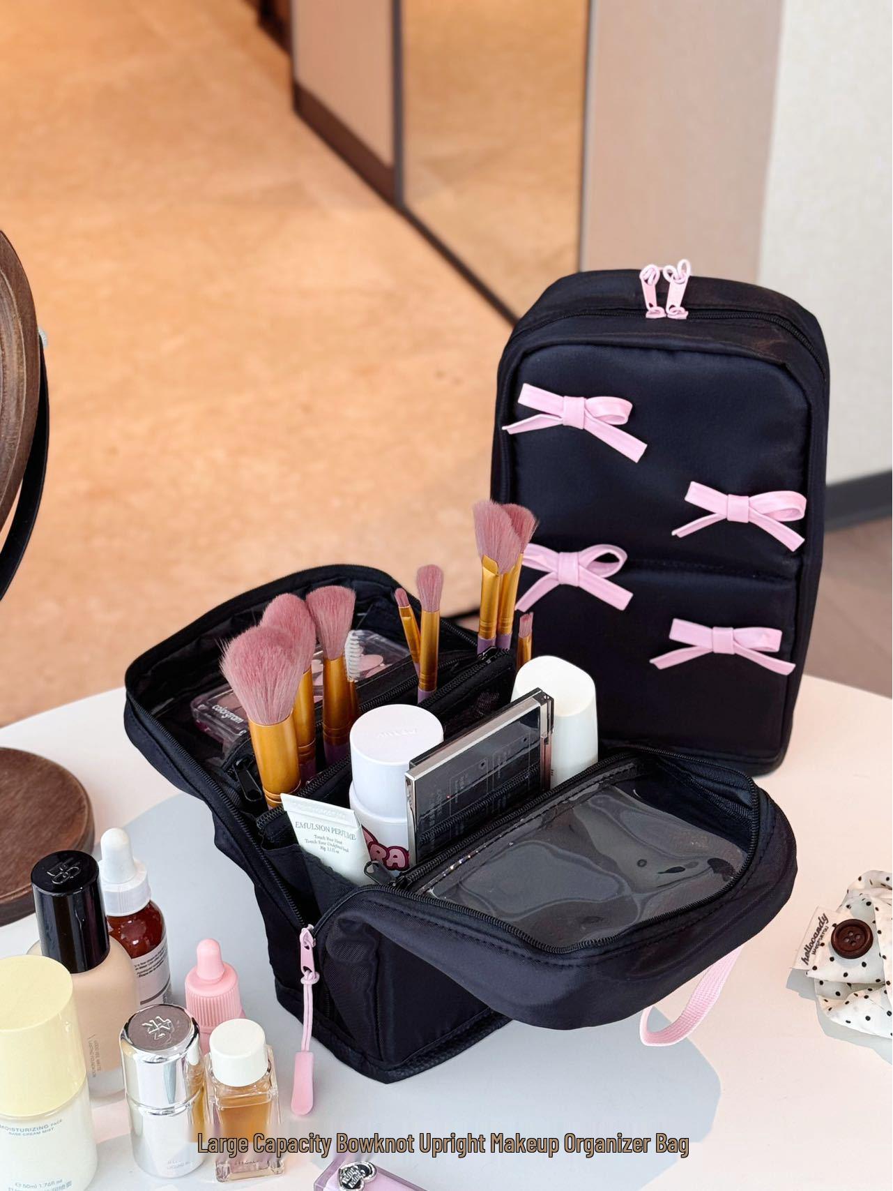 

Cream Pink Bow Cosmetic Bag: 2024 Large-Capacity Travel Toiletry Storage for Women.