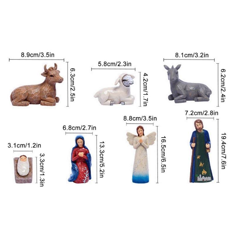 7pcs/set Statue Nativity Scene Set Baby Jesus Manger Christmas Miniatures Ornament Church Xmas Gift Home Decoration Light Grey