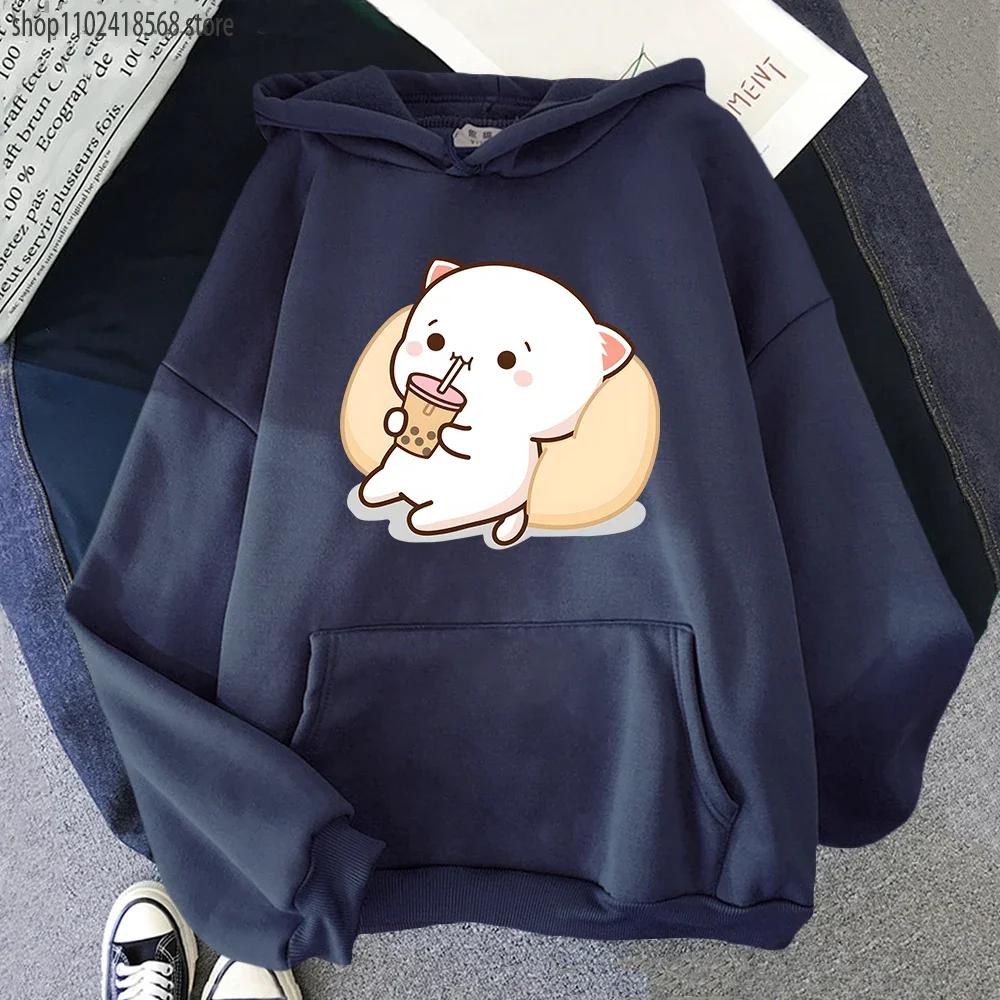 Mikiny Bubble Tea Broskvová Kočka Kawaii Potisk Mikina Ženy Harajuku Streetwear Kreslený Vzor O-Výstřih Top Oblečení