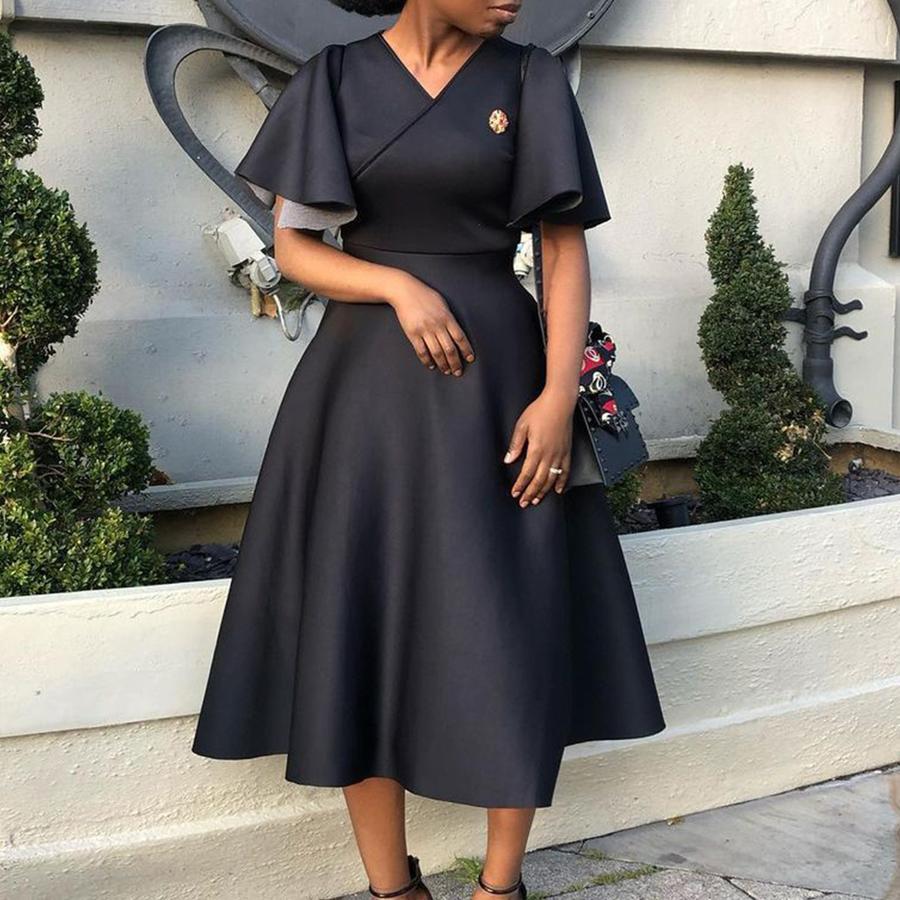 Neues Damenmode Elegantes Kleid mit Glockenärmeln und V-Ausschnitt