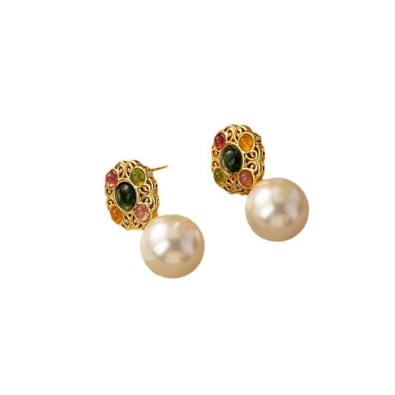 Bloemvormige Oorbellen Met Kleurrijke Agate Kralen Imitatie Parel Hangers Minimalistisch Elegante Sieraden Vrouwen