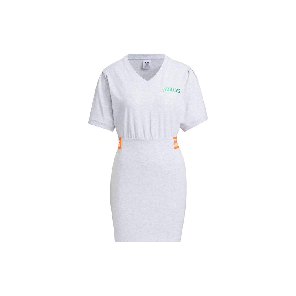 Adidas Originals Collegiate Dress Letter Logo Print Slim Fit Color Block Sports College Style Short Sleeve Dress Women Dresses Light-Gray IU4771