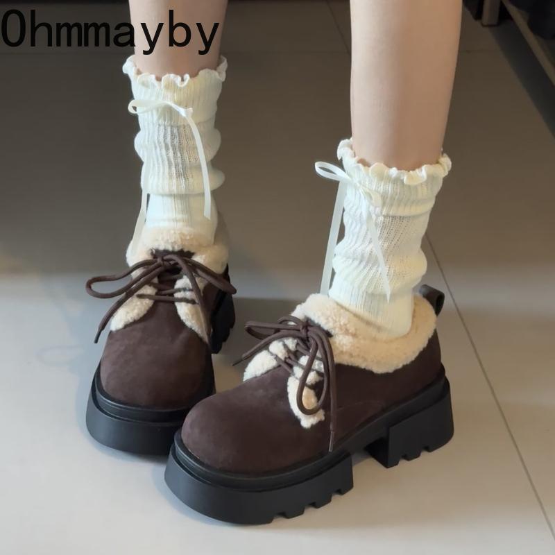 Vintage Women Fur Lining Pumps Shoes Comfrot Short Plush Lace Up Snow Shoes College Style Dress Thick Sole Mary Jane Shoes