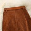 Hong Kong Style High-Waist Corduroy Split Midi A-Line Skirt with Belt for Women - Autumn/Winter