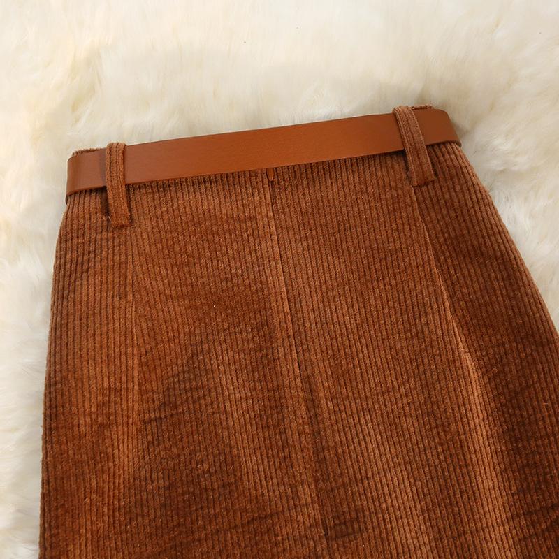 Hong Kong Style High-Waist Corduroy Split Midi A-Line Skirt with Belt for Women - Autumn/Winter