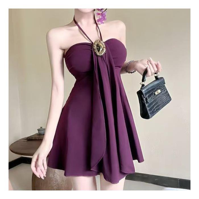Pure desire sexy sweet royal sister neck sling tube top dress female autumn waist celebrity temperament A word short skirt