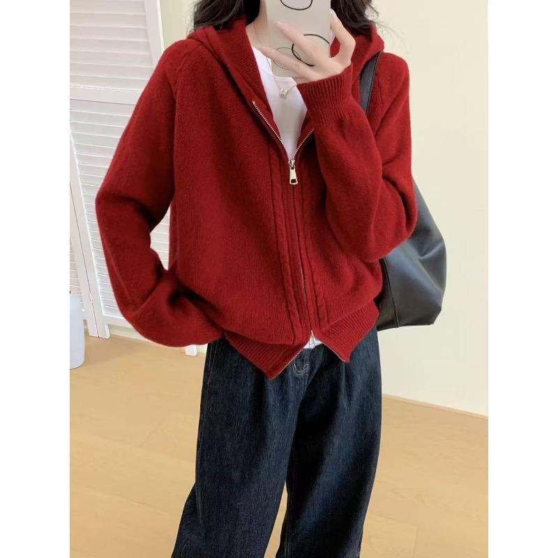 Double Zipper Hooded Sweater Jacket Women's Clothing Autumn and Winter New Loose Lazy Wind Knitted Cardigan Women