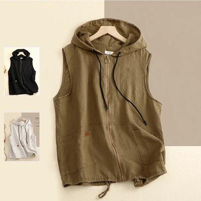 Summer Ladies Retro Hooded Casual Loose Vest Short Coat