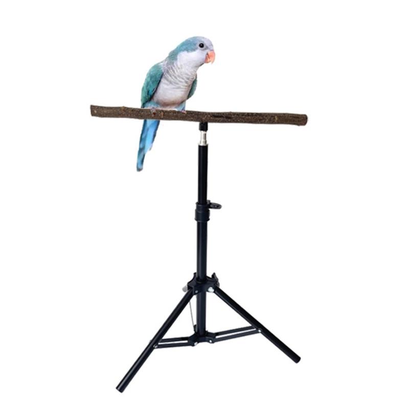 Supporto con Perch per Uccelli Treppiede Costruzione in Legno Naturale Design Retrattile Regolazione Altezza Strumento di Addestramento per Pappagalli