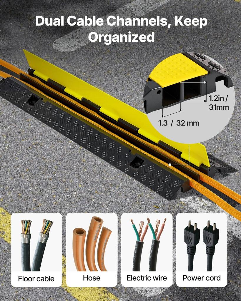 Cable Protector Ramp, 9,979 Kg/axle Capacity, 2 Channel Heavy Duty Rubber Cord Hose Wire Cover, 32 X 31 Mm Channel, Traffic Speed Bump with Flip-Open