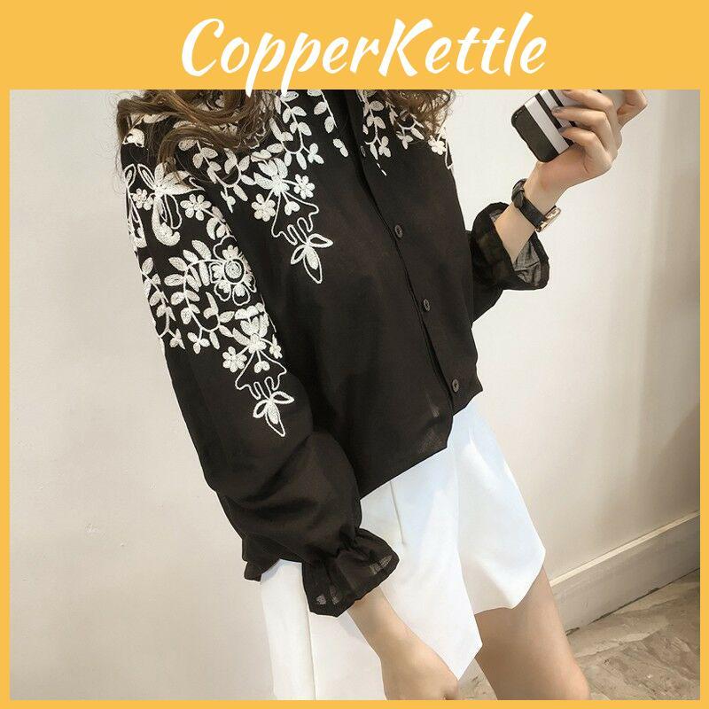 Premium Quality Female Women Long Sleeve Embroidery Blouse Shirt With Timeless Korean Flower Design