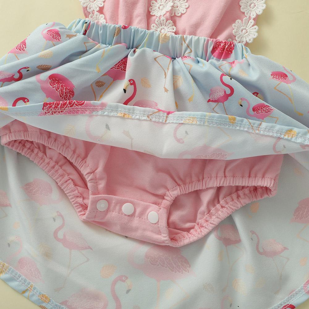 2 st Spädbarn Baby Flicka Rygglös Flamingo Romper Rem Jumpsuit Klänning +Hårband