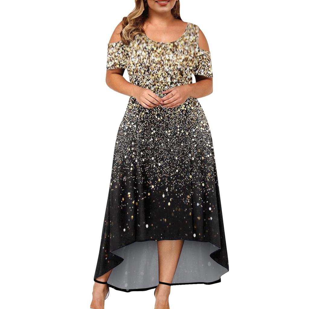 Plus Size Women's Short-sleeved Fashion Print -neck Off-shoulder Irregular Hem Dress