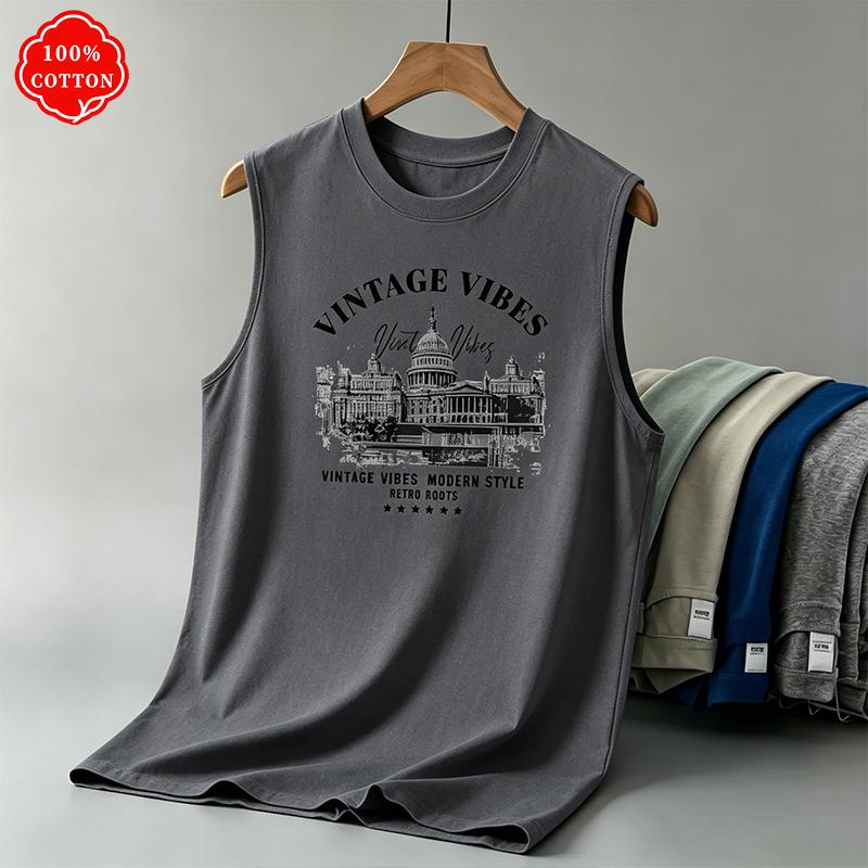 Men's Summer Vest Is Loose-fitting. Features the "VINTAGE VIBES" Pattern Print. A Casual Sleeveless Top
