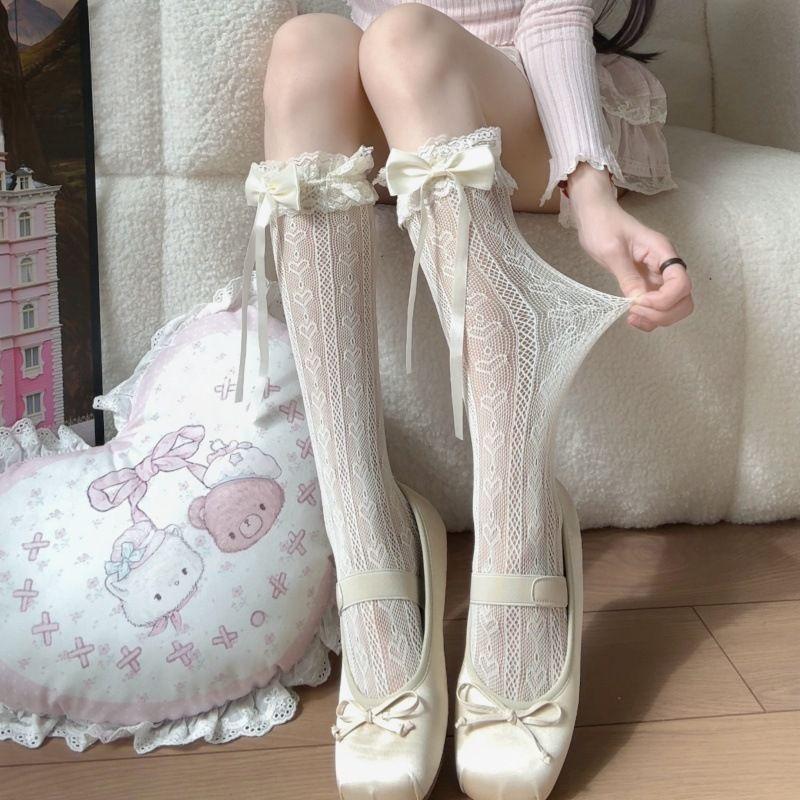 Japanese-Style JK Lace Bowknot Calf Socks | Lolita Soft Girl Ruffle Thin Socks