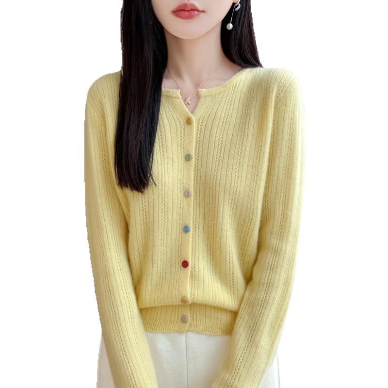 Women's Plus Size Hollow Knit Wool Cardigan - Long Sleeve, Round Neck Sweater Coat