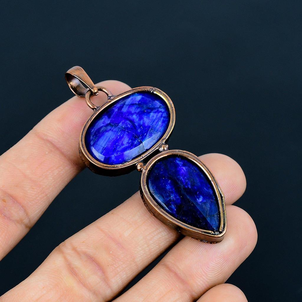 Blue Sapphire Pendant, Handmade Gemstone Pendant, Copper Electroformed Pendant Antique Jewelry, For Engagement Gift