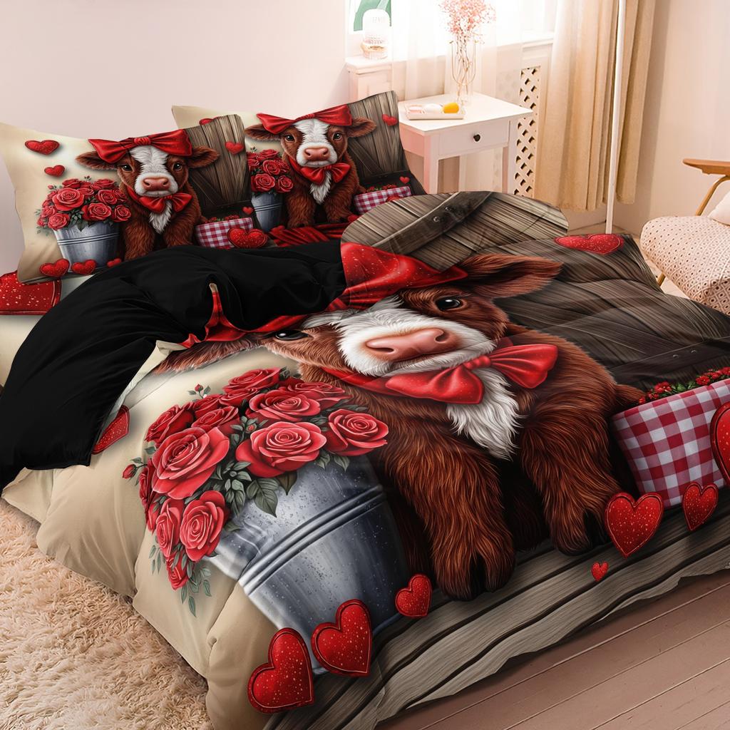 3pcs Valentine's Day Rose Bow Heart,Cattle Animal Printing Bedding Duvet Cover Set Room 2D Cartoon Flat Printing Festival Gif
