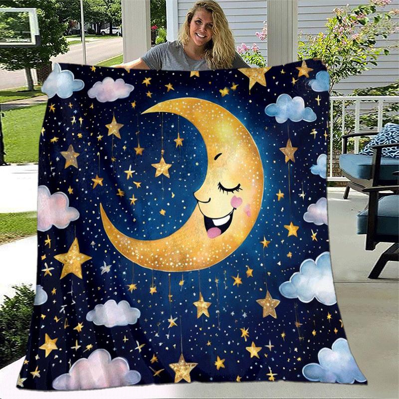 1pc Moon Printing Lightweight Flannel Blanket, Comfortable and Warm Blanket, for Camping Sofa Bed and Couch Office, Gift