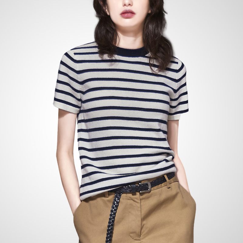 

Goddess Temperament Fashion Striped Minimalist Slim-Fit Trendy T-shirt Stripes M