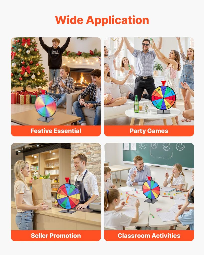 VEVOR 305 Mm Spinning Prize Wheel, 12 Slots Spinning Wheel with Stand, Tabletop Win Fortune Roulette with a Dry Erase and 2 Markers, 6 Colors