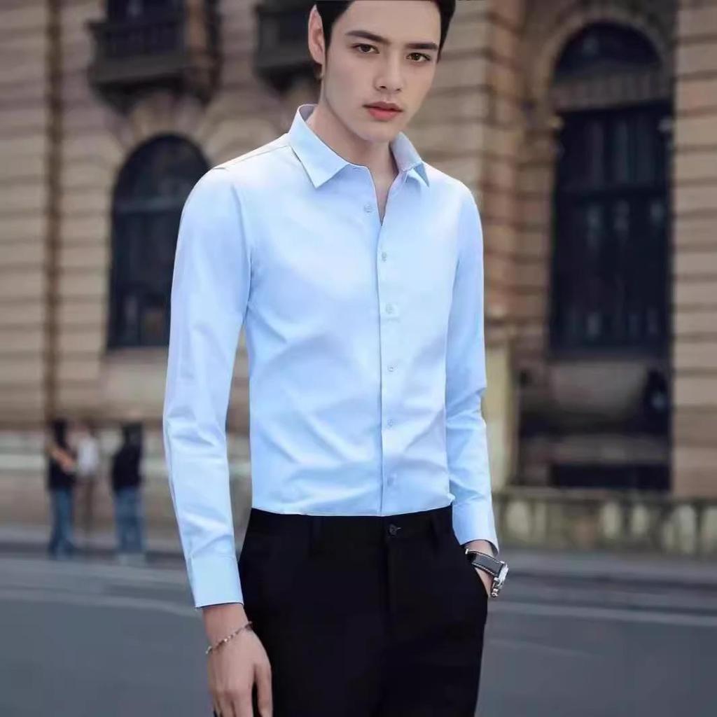 Herren Langarm Businesshemd, Koreanischer Stil, Bügelfrei, Weiß/Schwarz, Sommer Arbeitskleidung