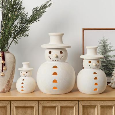 Figurines Bonhomme de Neige en Terre Cuite Fait Main Argile Blanche Décor d'Hiver Ornement Rustique de Fête Décoration de Noël Intérieur Extérieur