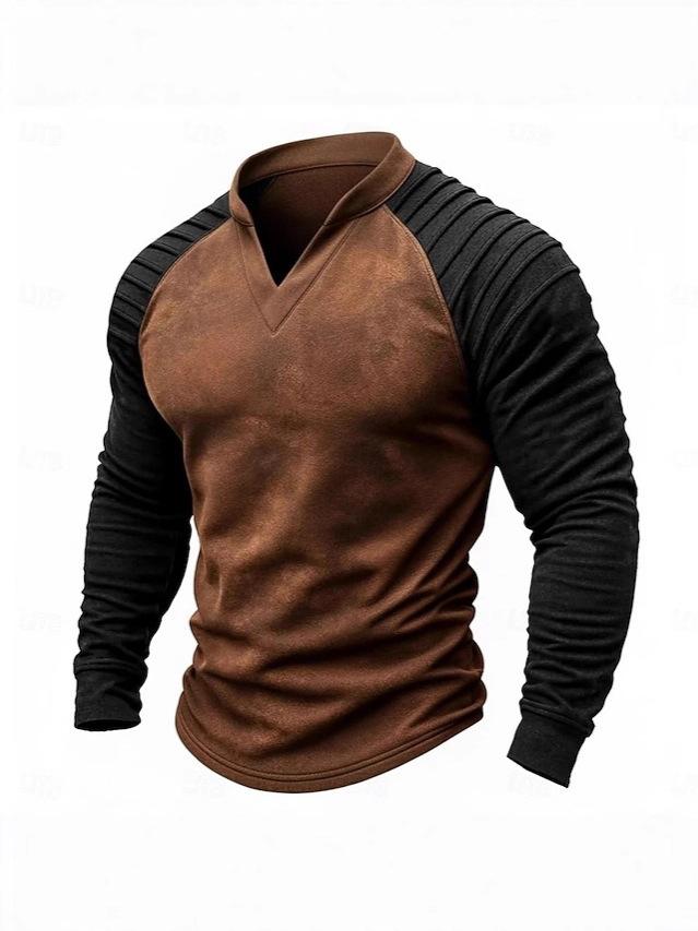 Raglan Sleeve Men s Long Sleeve Patchwork T-Shirt Casual Men s Buckskin T-Shirt L
